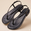 DayLife Leather Women's Black Leather Flat Thong Sandals with Adjustable Ankle Strap