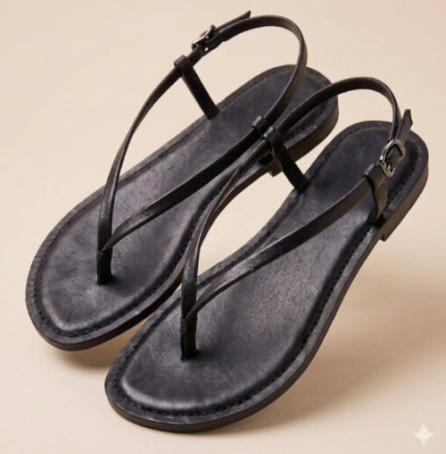 DayLife Leather Women's Black Leather Flat Thong Sandals with Adjustable Ankle Strap
