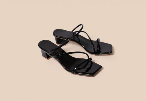 Black patent leather sandal for women featuring elegant straps and comfortable low block heels by DayLife Leather.
