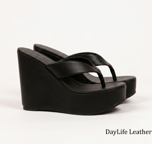 DayLife Leather Premium Black Platform Wedge Sandals Close-up shot of DayLife Leather black platform wedge sandals with thong-style straps, displayed on a clean white background, showcasing premium craftsmanship available at DayLifeLeather.com.