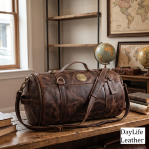 DayLife Leather Vintage Brown Leather Duffle Bag DayLife Leather vintage brown distressed leather duffle bag with shoulder strap on a rustic wooden table