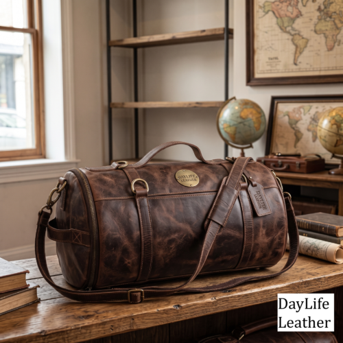 DayLife Leather vintage brown distressed leather duffle bag with shoulder strap on a rustic wooden table