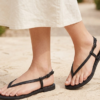 DayLife Leather Women's Black Leather Flat Thong Sandals with Adjustable Ankle Strap