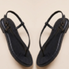 DayLife Leather Women's Black Leather Flat Thong Sandals with Adjustable Ankle Strap