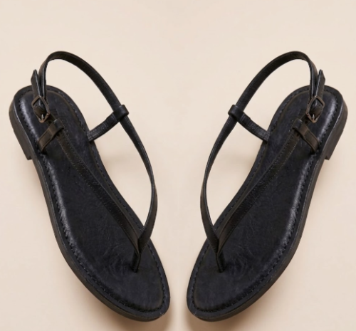 DayLife Leather Women's Black Leather Flat Thong Sandals with Adjustable Ankle Strap