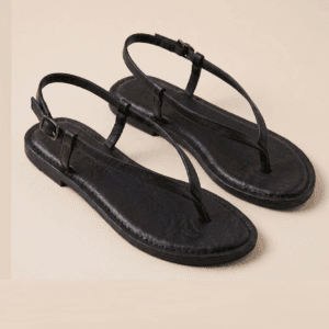 DayLife Leather Women's Black Leather Flat Thong Sandals with Adjustable Ankle Strap