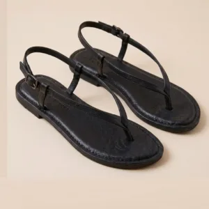 DayLife Leather Women's Black Leather Flat Thong Sandals with Adjustable Ankle Strap