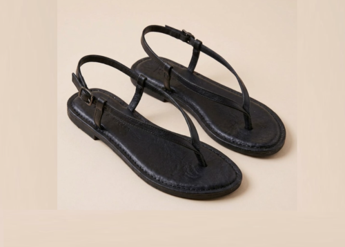 DayLife Leather Women's Black Leather Flat Thong Sandals with Adjustable Ankle Strap