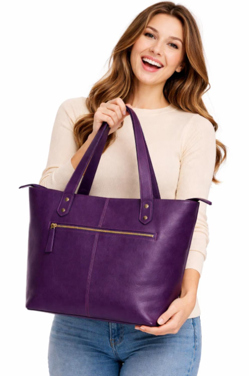 Personalized Violet Leather Tote Bag for Women - Daylife Leather