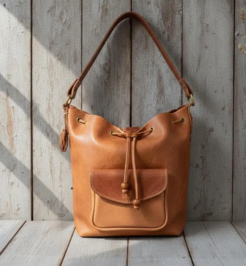 Full Grain Leather Drawstring Bucket Bag