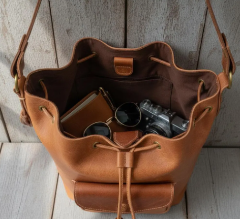 Full Grain Leather Drawstring Bucket Bag