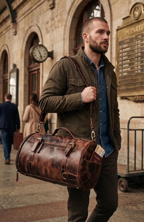 DayLife Leather Vintage Brown Distressed Leather Duffle Bag | Handmade Travel Weekender Bag for Men & Women