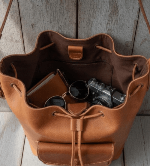 Full Grain Leather Drawstring Bucket Bag