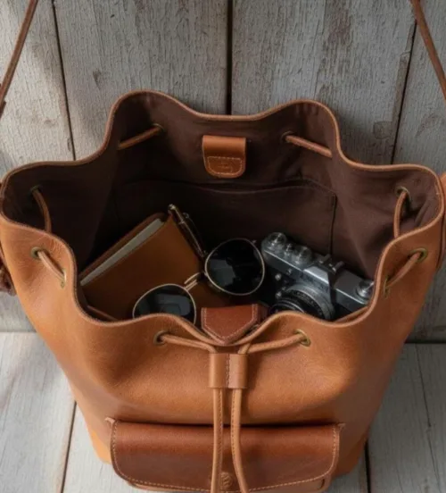 DayLife-Leather-Handcrafted-Leather-Bag-DayLifeLeather.com Full Grain Leather Drawstring Bucket Bag