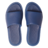 Top view of a pair of men's blue textured leather slippers, comfortable flat slide chappal for daily wear.