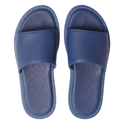 Top view of a pair of men's blue textured leather slippers, comfortable flat slide chappal for daily wear.
