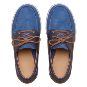 daylife-leather-blue-suede-boat-shoes-men.jpg Front view of DayLife Leather men's blue suede boat shoes with brown laces, stylish casual leather loafers for men.