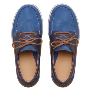 Front view of DayLife Leather men's blue suede boat shoes with brown laces, stylish casual leather loafers for men.