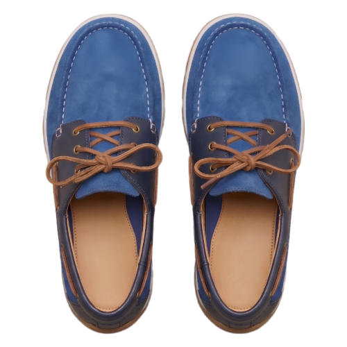 Front view of DayLife Leather men's blue suede boat shoes with brown laces, stylish casual leather loafers for men.
