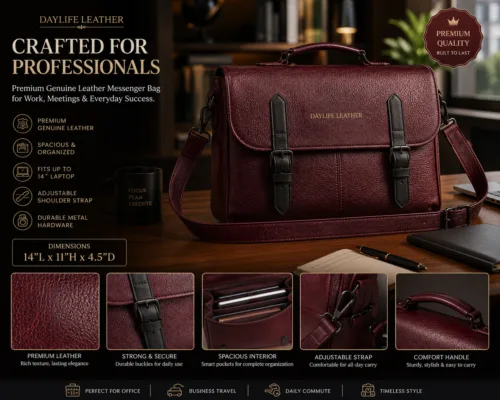 Premium burgundy genuine leather messenger bag for men and professionals by DayLife Leather, featuring elegant gold embossed branding and matte black hardware loops.