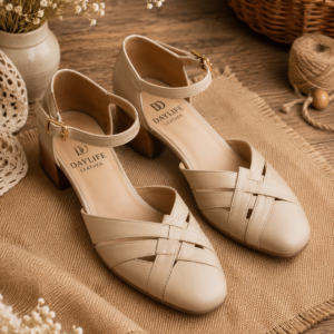 Elegant Beige Woven Leather Block Heels | DAYLIFE LEATHER Comfortable Ankle Strap Sandals
