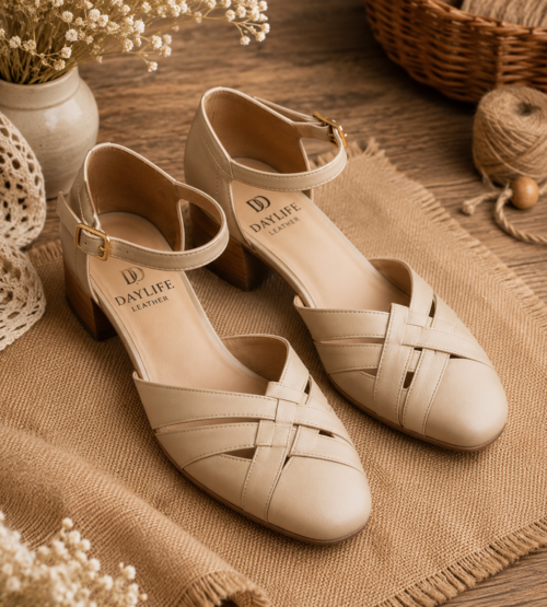 Elegant Beige Woven Leather Block Heels | DAYLIFE LEATHER Comfortable Ankle Strap Sandals