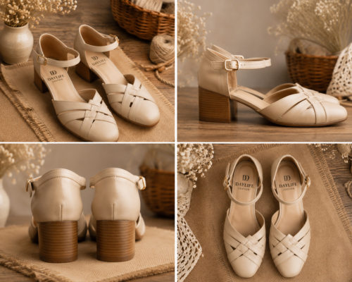 Elegant Beige Woven Leather Block Heels | DAYLIFE LEATHER Comfortable Ankle Strap Sandals