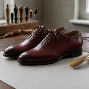 Pair of premium burgundy genuine leather Oxford dress shoes for men by DayLife Leather on a wooden workbench.