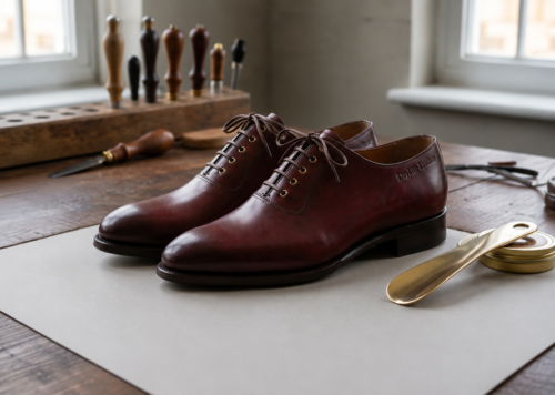 Pair of premium burgundy genuine leather Oxford dress shoes for men by DayLife Leather on a wooden workbench.