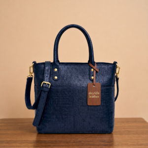 Front view of a dark blue croc-embossed leather tote bag by DayLife Leather, featuring gold hardware, an adjustable strap, and a brown leather logo tag, resting on a wooden table.