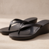 Women's black wedge heel leather flip flop sandals by DayLife Leather with cushioned sole for everyday comfort and stylish casual wear.