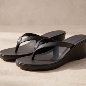 Women's black wedge heel leather flip flop sandals by DayLife Leather with cushioned sole for everyday comfort and stylish casual wear.