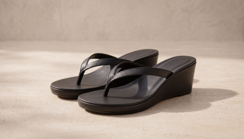 Women's black wedge heel leather flip flop sandals by DayLife Leather with cushioned sole for everyday comfort and stylish casual wear.