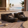 DayLife Leather Women's Black Platform Leather Flip Flop Sandals – Premium Wedge Comfort Sandals