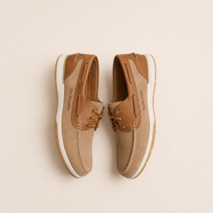 Top view of handmade tan suede and leather men's boat shoes with white soles by DayLife Leather.