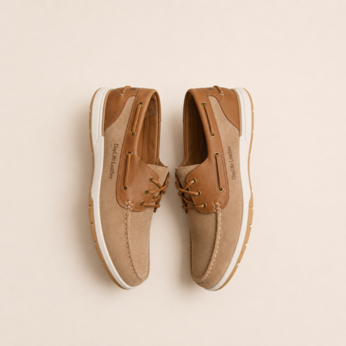 Top view of handmade tan suede and leather men's boat shoes with white soles by DayLife Leather.