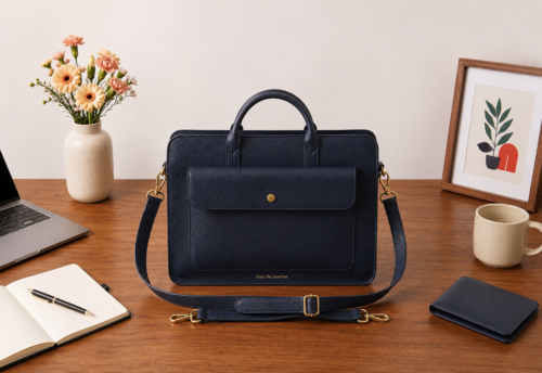 Premium genuine leather bag for business professionals. A luxury blue leather office bag with dual handles and gold DayLife Leather signature details.