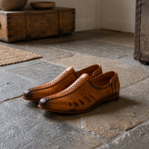 Side view of a pair of men's tan genuine leather mojari style loafers, featuring laser-cut breathable design and a burnished dual-tone finish.