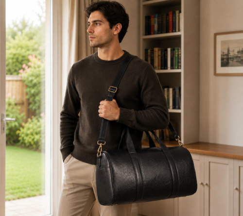 DayLife Leather Premium Black Genuine Leather Duffle Bag – 17 Inch Weekender Travel Bag for Men & Women