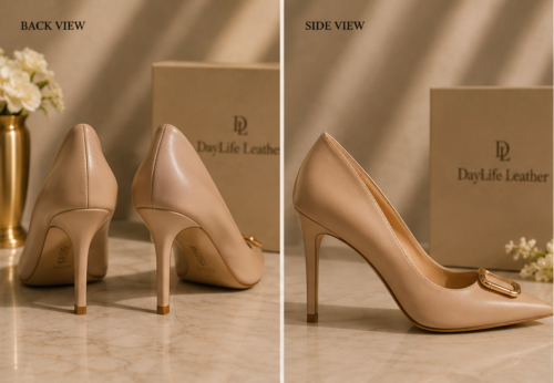 DayLife Leather Elegant Beige Pointed-Toe Pumps with Gold Buckle