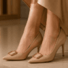 DayLife Leather Elegant Beige Pointed-Toe Pumps with Gold Buckle