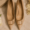 DayLife Leather Elegant Beige Pointed-Toe Pumps with Gold Buckle