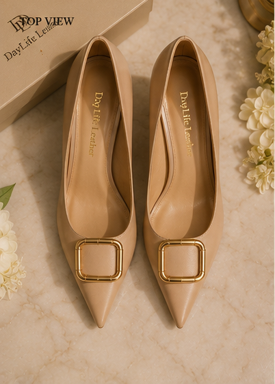 DayLife Leather Elegant Beige Pointed-Toe Pumps with Gold Buckle