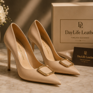 Nude beige premium leather pointed-toe high heel pumps with a gold buckle by DayLife Leather, placed next to luxury packaging box.