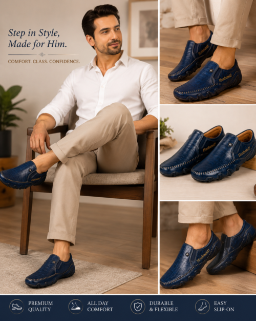 DayLife Leather Men's Premium Dark Blue Crocodile Embossed Genuine Leather Slip-On Loafers