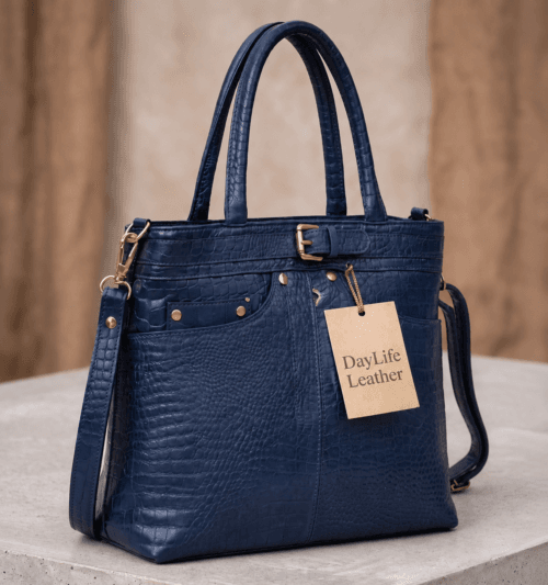DayLife Leather tote bag with blue croco leather texture. DayLife Leather tote bag with blue croco leather texture.