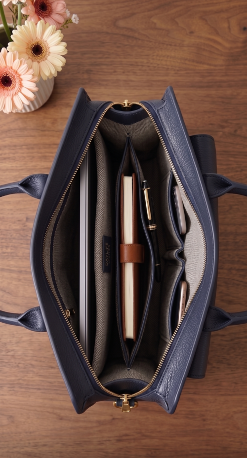Premium genuine leather bag for business professionals. A luxury blue leather office bag with dual handles and gold DayLife Leather signature details.