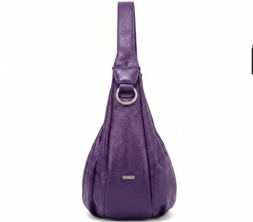 Side profile of Daylife Leather vibrant purple ruched slouchy hobo bag standing on a rustic wooden table.