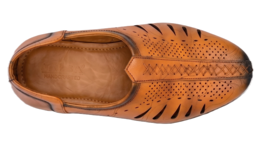 Upper view of DayLife Leather men's tan genuine leather mojari style loafers, featuring laser-cut breathable design and burnished dual-tone finish.