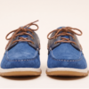 Front view of DayLife Leather men's blue suede boat shoes with brown laces, stylish casual leather loafers for men.